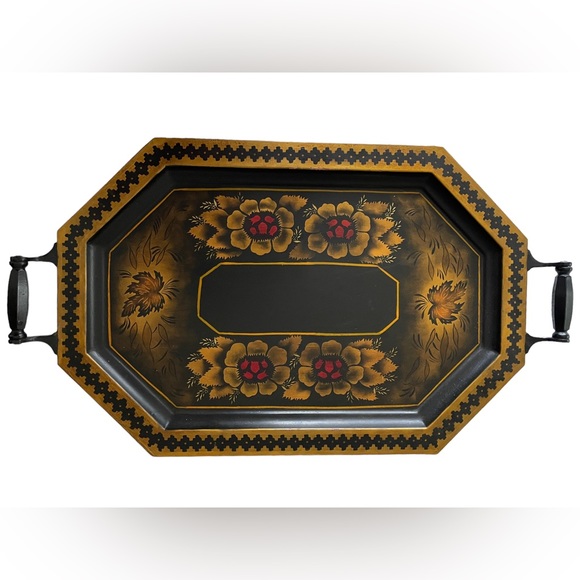 Handpainted Black, Gold, & Red Metal Toleware Floral Tray w/ Handles, ~21" x 12" - Picture 2 of 6